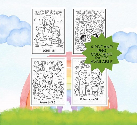 Christian Coloring Pages for Kids – Bible Verse Printable Set | Sunday School and Homeschool Art, Jesus Loves Me-be Kind-trust in the Lord - Etsy