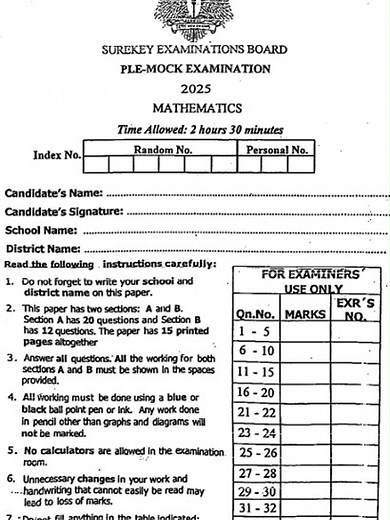 SUREKEY Examination board. PLE Mock 2025 Mathematics@