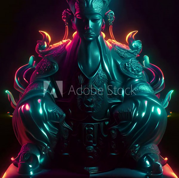 A 3D rendering of a statue of Guan Yu, a Chinese god of war, in a glowing neon color scheme. Stock Video