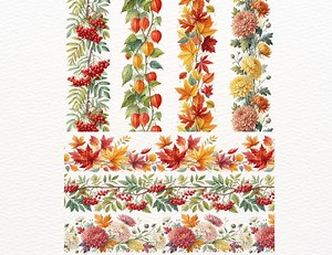 27 Seamless Autumn Borders PNG, Chrysanthemums, Fall Leaves, Rowan, Hello Autumn Clipart, Horizontal & Vertical, Watercolor Fall Borders - Etsy Australia
