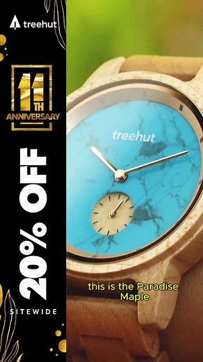 Maple wood strap, turquoise marble dial, rose gold details – no wonder the Paradise Maple Turquoise Marble is getting all the love in this review. 😍 ⏳ 20% off for our 11-year anniversary sale – don’t wait, this one’s going fast! . . . . . . . #treehut #sustainablefashion #watches #woodenwatches #woodwatches #marbledialwatches #woodenaccessories #womenswatches #watchesforwomen #giftforher #engravedwatches #personalizedwatches #madeincalifornia #sale #discount #watchporn #watchgeek #watchnerd #wa