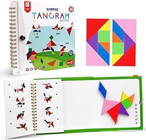 USATDD Travel Tangram Puzzle with 2 Set, Magnetic Pattern Blocks Road Trip Travel Games Jigsaw Montessori Brain Blocks IQ Book with 368 Solution Brain Teasers for Kids Adults Challenge