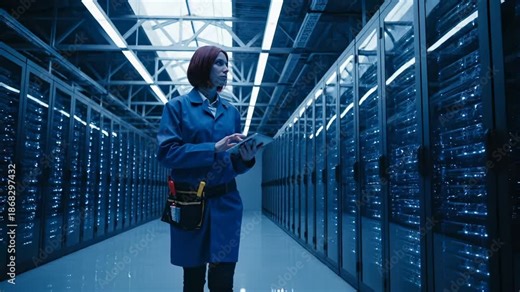 Woman technician works with tablet in server room data center. Technician checks server equipment using tablet. Woman in data center inspects server network. Worker maintains server room systems.