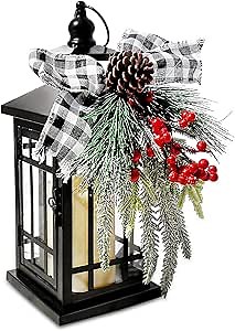 Christmas Decorative Lantern w/LED Flickering Flameless Candle - 14 Inch, Antiqued Vintage Lantern with Xmas Ornament for Outside Indoor Table Holiday Party Decorations