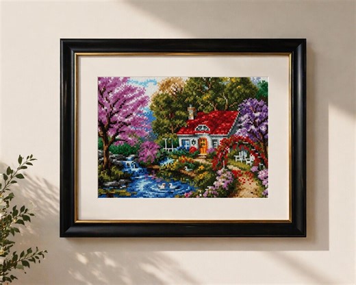 Framed Linen Embroidery Art, Hand-stitched Cottage Landscape, Luxury Textile Wall Art, Heirloom Needlework Decor - Etsy