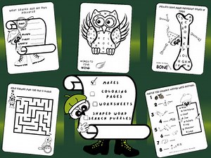 30 Owl Pellet theme-Mazes, Shaped Word Search Puzzles, Worksheets, and Coloring