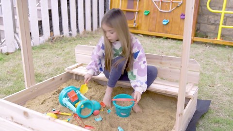 FUNTOK Wooden Sandbox with Cover & Canopy Adjustable in Height Angle, 48x48" Sand Box for Kids w/ 2 Foldable Bench Seats , 2 in 1 Kid Outdoor Sandbox w/ Lid for Backyard Lawn Beach