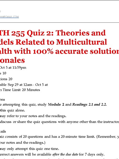 HLTH 255 Quiz 2: Theories and Models Related to Multicultural Health with 100% accurate solutions rationales NEED THIS EXAM OR MORE EXAMS HELP? 🤔 I GOT YOU! ✅ Instant Access & Download ✅ Accurate for Your Course ✅ Homework & Assignment Help ✅ Proctored Exam Support 📩 Email: tutorlee333@gmail.com 📲 WhatsApp: 254 748163893 🌐