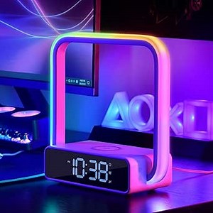 Digital Alarm Clock Wireless Charger, Dimmable Small Bedside Lamp with Alarm Clock for Bedrooms Home Office Touch Control RGB Night Light Nightstand Lamp for Men Teen