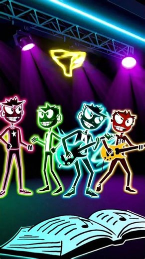 Five neon cartoons unite instruments to create melodious tunes