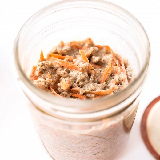 Carrot-Apple Chia Pudding -- comes together in just 5 minutes, keeps well in the fridge for a few days and is awesome for meal prep! FULL RECIPE | makes 1 serving 1/4 cup chia seeds 1/4 cup grated carrot 1 tablespoon grated apple (or applesauce) 1 tablespoon peanut butter 1 teaspoon cinnamon 1/2 teaspoon nutmeg 1 tablespoon maple syrup (optional) 1 1/4 - 1 1/2 cups milk of choice Add all ingredients to a mason jar. Stir and shake until evenly combined. Place in fridge and let sit for at least 60