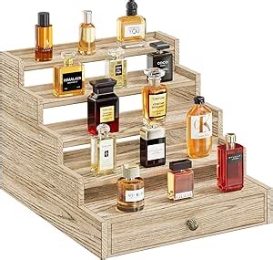 5 Tier Cologne Organizer for Men, Wooden Stand Rack Display Shelf with Drawer Storage, Large Capacity Perfume Holder for Man, Log Color