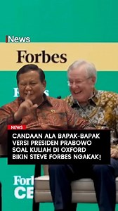 Presiden Prabowo Subianto mengungkapkan kerap melontarkan candaan bahwa dirinya merupakan lulusan Universitas Oxford, Inggris, bahkan Harvard di Amerika Serikat . Namun, dengan gaya khasnya, ia menegaskan bahwa "kuliah di Oxford-Harvard" yang dimaksud hanyalah sebatas berkunjung ke toko buku kampus ternama itu. Cerita ini dibagikannya saat menjadi pembicara dalam acara Forbes Global CEO Conference di Jakarta, Rabu (15/10/2025) malam dan sukses membuat Steve Forbes tertawa. Baca selengkapnya di s