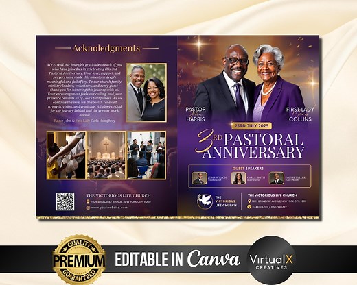 4 Page Pastor Anniversary Program Template, Pastor Appreciation, Pastor and Wife, Church Anniversary, Bi-fold Brochure, Banquet Program - Etsy
