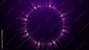 On a dark purple background, a circle of glowing , purple, pink and white particles and lines with free space in the middle. Animations can be used vertically and horizontally.