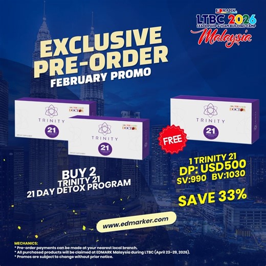 Edmark Uganda on Instagram: "LTBC 2026 EXCLUSIVE PRE-ORDER | FEBRUARY PROMO 🔥 The LTBC momentum continues! Secure your February pre-orders now and enjoy exclusive offers available only for LTBC 2026 attendees. Featured Promos: ✅ MED RUB – Buy 12, Get 3 FREE (Save 20%) ✅ TRINITY 21 (21-Day Detox Program) – Buy 2, Get 1 FREE (Save 33%) 🎁 PLUS: For every accumulated purchase of USD 777 and above, receive exclusive LTBC Signature Items! 📍 Product claiming: EDMARK Malaysia during LTBC (April 23–29