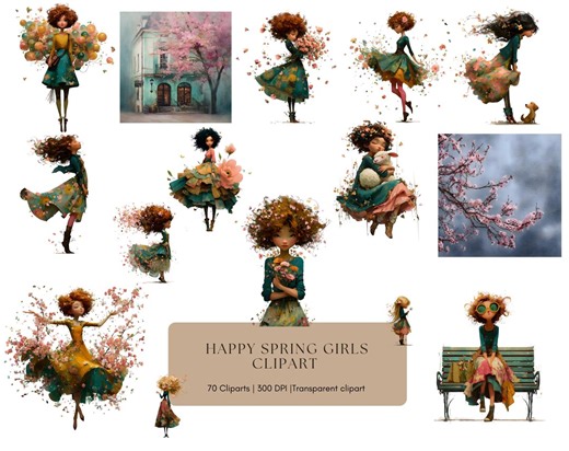 Happy Spring Girls Clipart Png, Spring Girl Digital Clipart in A Cheerful Style, + Backgrounds (commercial Use, Digital) - Etsy