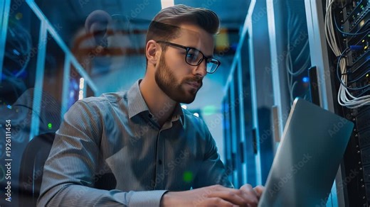 System administrator working on a laptop or tablet inside a modern server room. Generative AI.