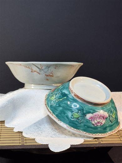Antique Chinese Famille Rose Porcelain Bowls, Hand-painted Turquoise Floral Bird Asian Decor - Etsy