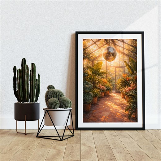 1970s Disco Ball and Plants in Conservatory Art Print | Disco Ball Mirrorball, 70s Style Warm Aesthetic, Retro Nostalgic, Plants Sunlight - Etsy Canada
