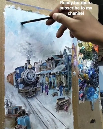 How to Paint a Snowy Train Station | Winter Landscape #painting #art #winter