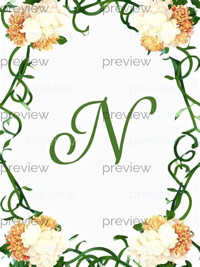 N Elegant Letter N Design With Green Vines and Peach Flowers - Printable Digital Art for Invitations and Stationery - Etsy