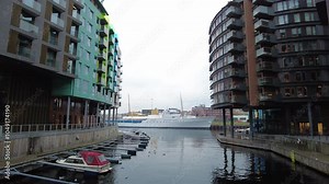 Oslo, Norway - October 19, 2024: View of modern real estate. Beautiful modern houses in the city. City street