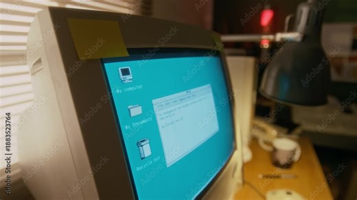 No people close-up of blinking vintage desktop personal computer monitor, running simple 16-bit operating system, blue screen, task list in notepad app, documents and bin icons