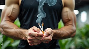 tobacco plant, nicotine content, leaf harvest. Crop health. Smoke dissolves into fresh air. Farmer examines quality thoroughly. Sustainability impacts plantation growth.