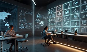 A virtual classroom interface projected onto a wall, with students interacting remotely via holographic avatars