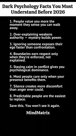 Dark Psychology Facts You Must Understand Before 2026 | Power, Control & Human Behavior Dark psychology exposes uncomfortable truths about power, control, and human behavior that most people learn too late. These psychological facts reveal how emotional dominance, silence, boundaries, and unpredictability shape the way others treat you — especially in relationships, work, and social hierarchies. Understanding why people respect distance more than availability, why calmness beats aggression, and 