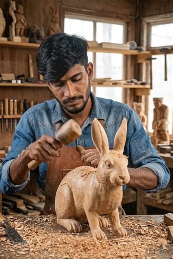 Turning Wood Into a Cute Rabbit 🪵🐰 Wood Carving Process #shorts