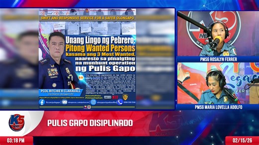 PULIS GAPO DISIPLINADO - February 15, 2026 | Hosted by PMSG ROSALYN FERRER & PMSG MARIA LOVELLA ADOLFO K5 News FM Olongapo – 3rd Floor, Macariola Building, Rizal Avenue, (In front of Olongapo City Hall) Brgy. East Bajac Bajac Olongapo City, Zambales 📞 For inquiries & updates: 📱 SMART: 0929-437-4124 📱 GLOBE: 0915-063-0115 Read our Fair Use Justification here: bit.ly/4hYp2uT Tune in, stay informed, and be part of the conversation! #K5NewsFMOlongapo #K5NewsFM #OlongapoNewsUpdate | K5 News FM Olo