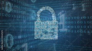 Animation of security padlock icon and binary coding data processing against computer server room