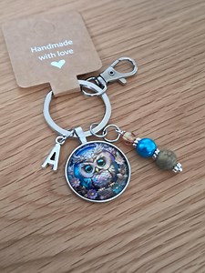 Handmade Owl Keychain: Personalized Initial, Crystal Bead Dangle - Etsy