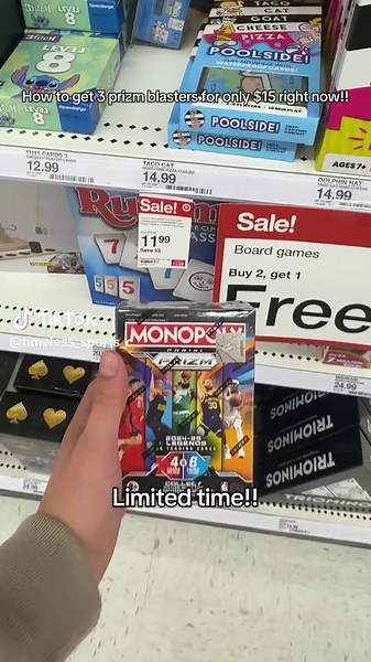 How to get 3 prizm basketball blasters all for only $15 at target right now!! ➡️ Go get them before they sell out!! #timelesssportscards #fyp #prizmmonopoly #targetsportscards #toppsblackfriday
