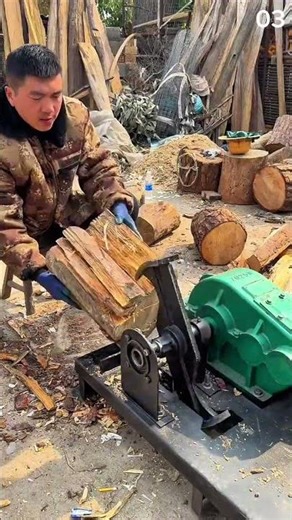 Feeding split wood into machine—precision meets raw power outdoors