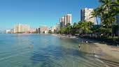 Aerial view of the Honolulu skyline and Waikiki Beach on the island...