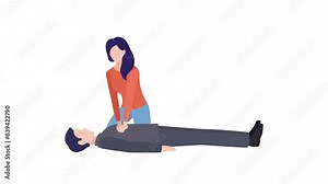 A woman cartoon character performing cardiopulmonary resuscitation (CPR) on a man lying down. CPR process during first aid training. Second part of the animation video includes Alpha Channel. Looped.