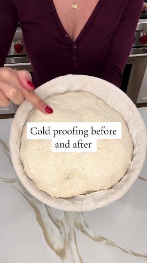 Before and after cold proofing sourdough! I often get asked if I cold proof and my answer is, usually! I prefer to score cold bread, and I feel the cold proofing helps to develop the sourdough flavor more. It also makes it more gut healthy by further breaking down the gluten and it even improves the oven spring. #sourdoughbaking #sourdoughforbeginners #sourdoughtutorial