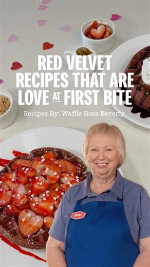 Shout out to our Waffle Boss, Beverly, for the inspo to enjoy our limited-time red velvet waffle recipes! We can practically taste them through the screen. 🤤 Berry Much Love Recipe Mix caramel sauce with batter Add chocolate chips Bake Top with fresh strawberries Drizzle strawberry sauce Sprinkle powdered sugar Top off with heart shaped sprinkles Nuts About You Recipe Mix peanut butter spread into batter Add chocolate chips Bake Drizzle chocolate sauce Add a dollop of whipped cream Top off with