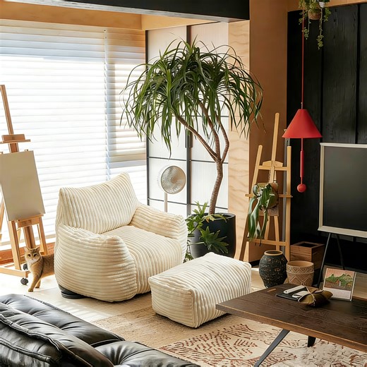 Boneless Memory Foam Bean Bag Chair with Backrest & Footstool — Filled with fine microfiber, this bean bag-style sofa features a spacious design, perfect for reading, entertainment, or relaxation.