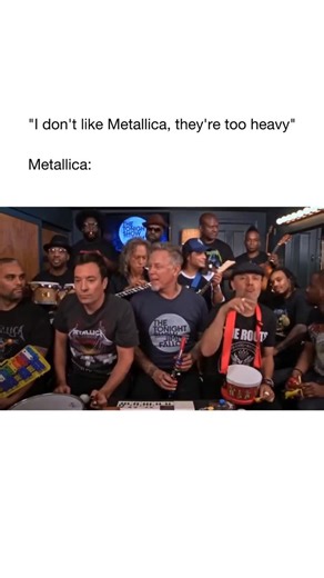 Good Music on Instagram: "In this episode, Metallica joined Jimmy Fallon and The Roots in the Tonight Show’s Music Room to perform their classic Enter Sandman, but with a twist: only using classroom instruments. The result was a playful and lighthearted take on one of heavy metal’s most iconic songs. Fans loved it because it showed Metallica stepping outside their usual hard-hitting style, trading heavy riffs for toy xylophones, kazoos, and tiny drums, while still bringing all their energy to th