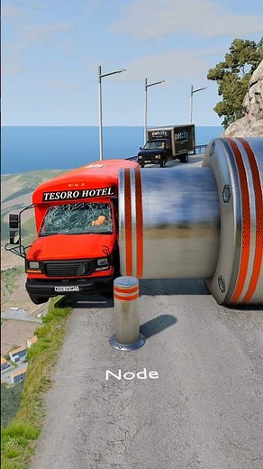 Mini Bus & Cargo Truck vs Giant Pit Bollards Crash - BeamNG.Drive