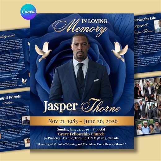 Blue Funeral Program Template, Editable Canva Memorial Service Booklet (digital Download) - Etsy