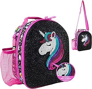 Decorably Insulated Hard Top Sequined Glittery Pink Unicorn Girls Lunchbox for Kids, Easy-to-Clean with 2 Main Compartments and Bottle Holder, Washable - Toddler, Preschool, Elementary