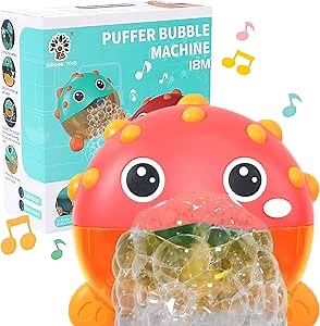 Bathtub Bubble Machine, Bath Bubble Maker Automatic Bath Toy for Baby Toddler Kids, Puffer Shape with Music, Bathroom Blowing Bubbles Funny Gift for Boys and Girls (Globefish Red)