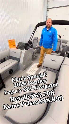 Check out this Ken’s Special on the 2026 Bentley 223 Navigator! This Bentley Tritoon is loaded with options and has over $14,000 in savings. Give us a call or stop in to take a look! #bentleypontoons #pontoon #mercurymarine #boating #kenssports #tritoon | Ken's Sports Inc.