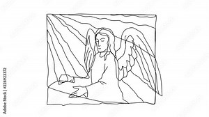 Animated sketch vector drawing doodle Christianity heavenly angel writing on scroll drawn in black changes to color illustration