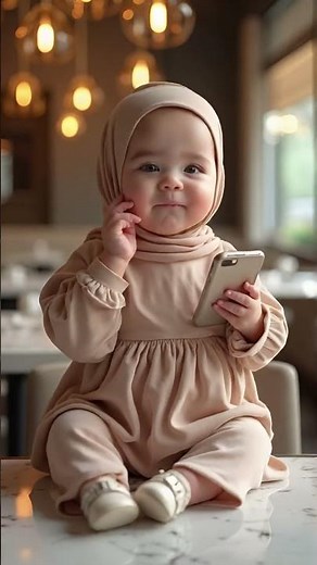 Super cute baby girl sitting at a marble table in a high-end restaurant with chandeliers